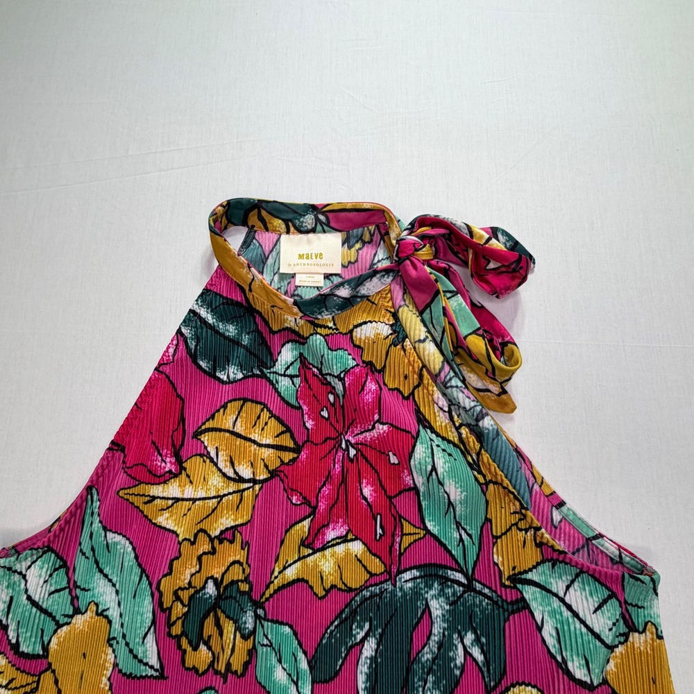 Maeve Anthropologie Floral Halter Top Pleated Tie Neck Sleeveless Pink Large